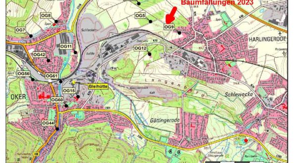 Teilzerstörungen des Immissionsschutzwaldes bei Harlingerode - Karte